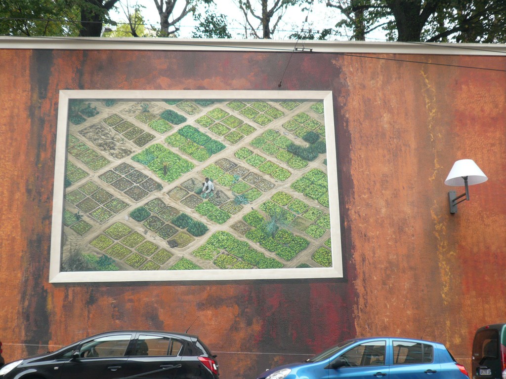 Lyon, mural depicting aerial view of crops in Mali with farmer